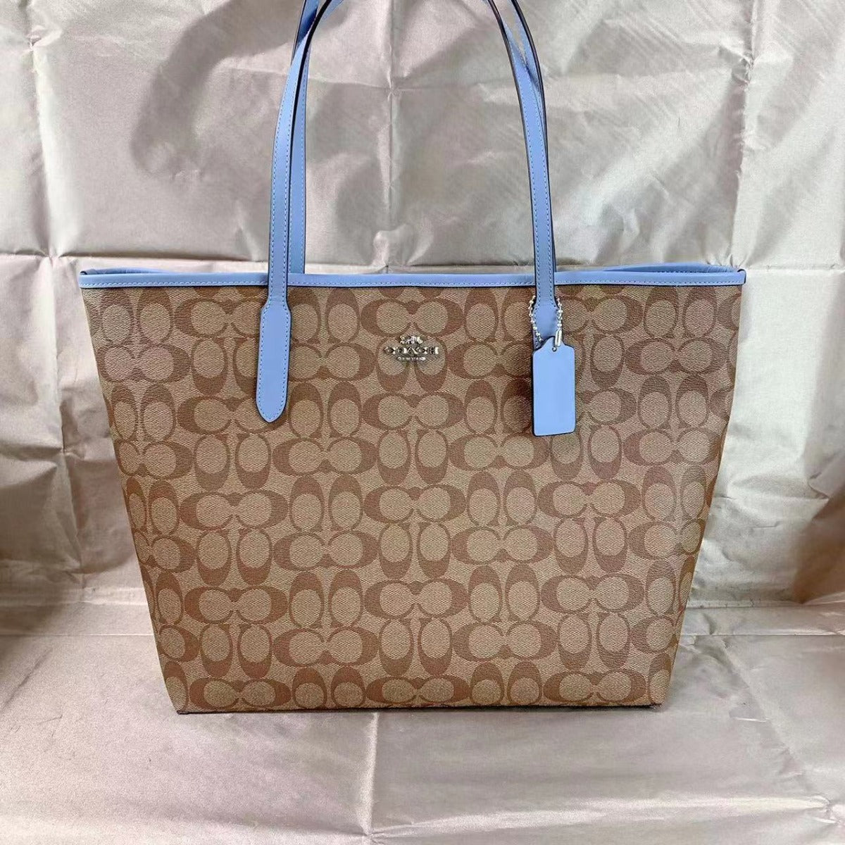 Coach 5696 City Tote In Signature Canvas In Khaki/Marble Blue Coach 5696 City Tote In Signature Canvas In Khaki/Marble Blue
